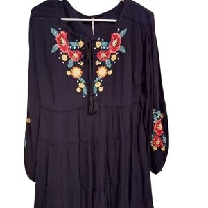 Free People black dress xs embroidery floral 100%rayon